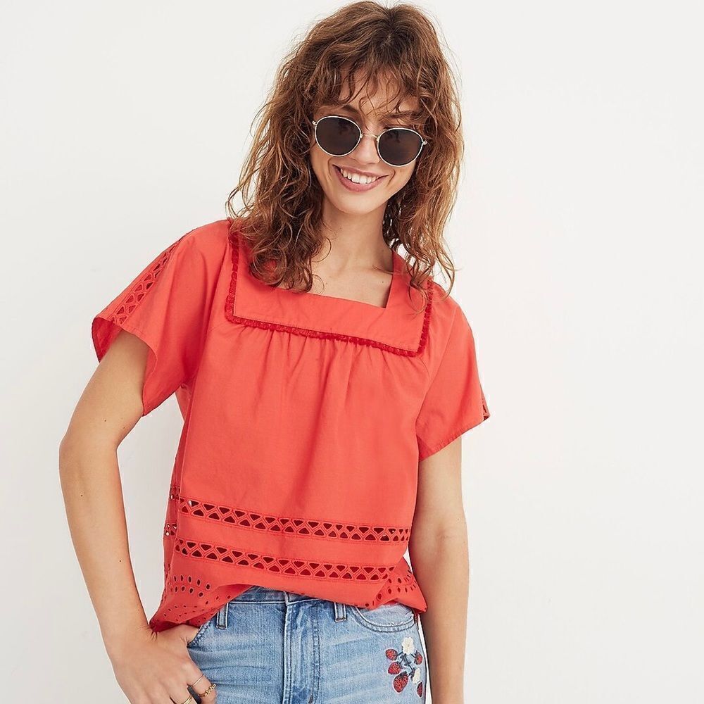 Madewell Angelica Coral Eyelet Square Neck Short Sleeve Top